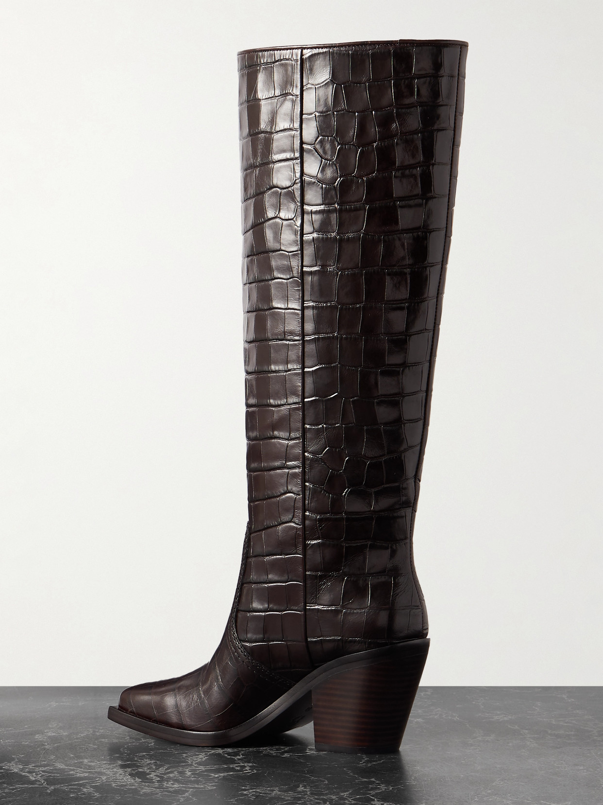 Loeffler Randall Lynn Croc-effect Leather Knee Boots In Brown