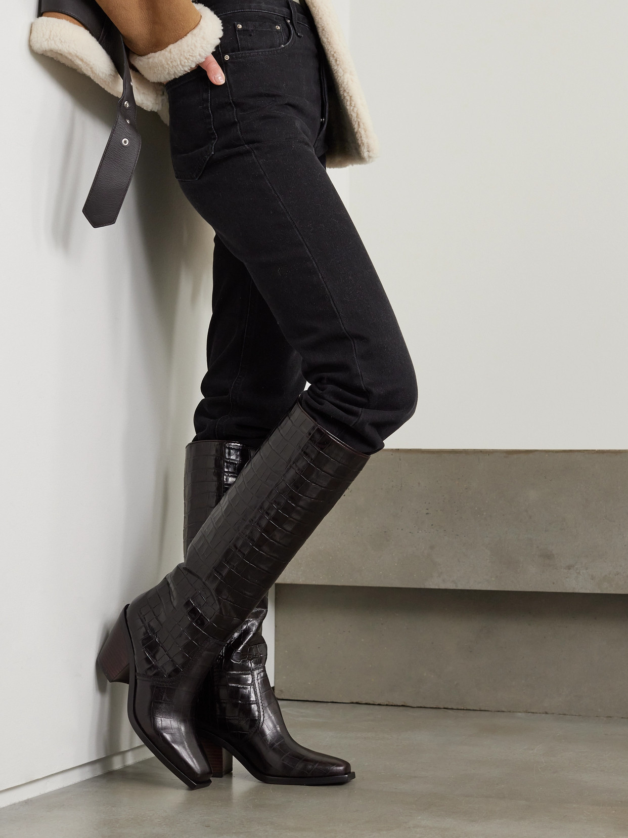 Loeffler Randall Lynn Croc-effect Leather Knee Boots In Brown