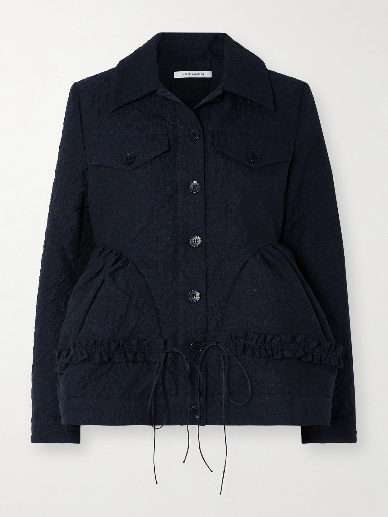 Cecilie Bahnsen Ulanda Ruffled Gathered Cotton-blend Cloqué Peplum Jacket In Blue