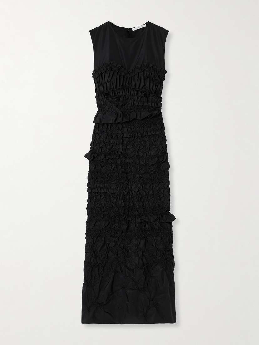Cecilie Bahnsen Vanda Smocked Ruffled Recycled-faille Midi Dress - UK 14