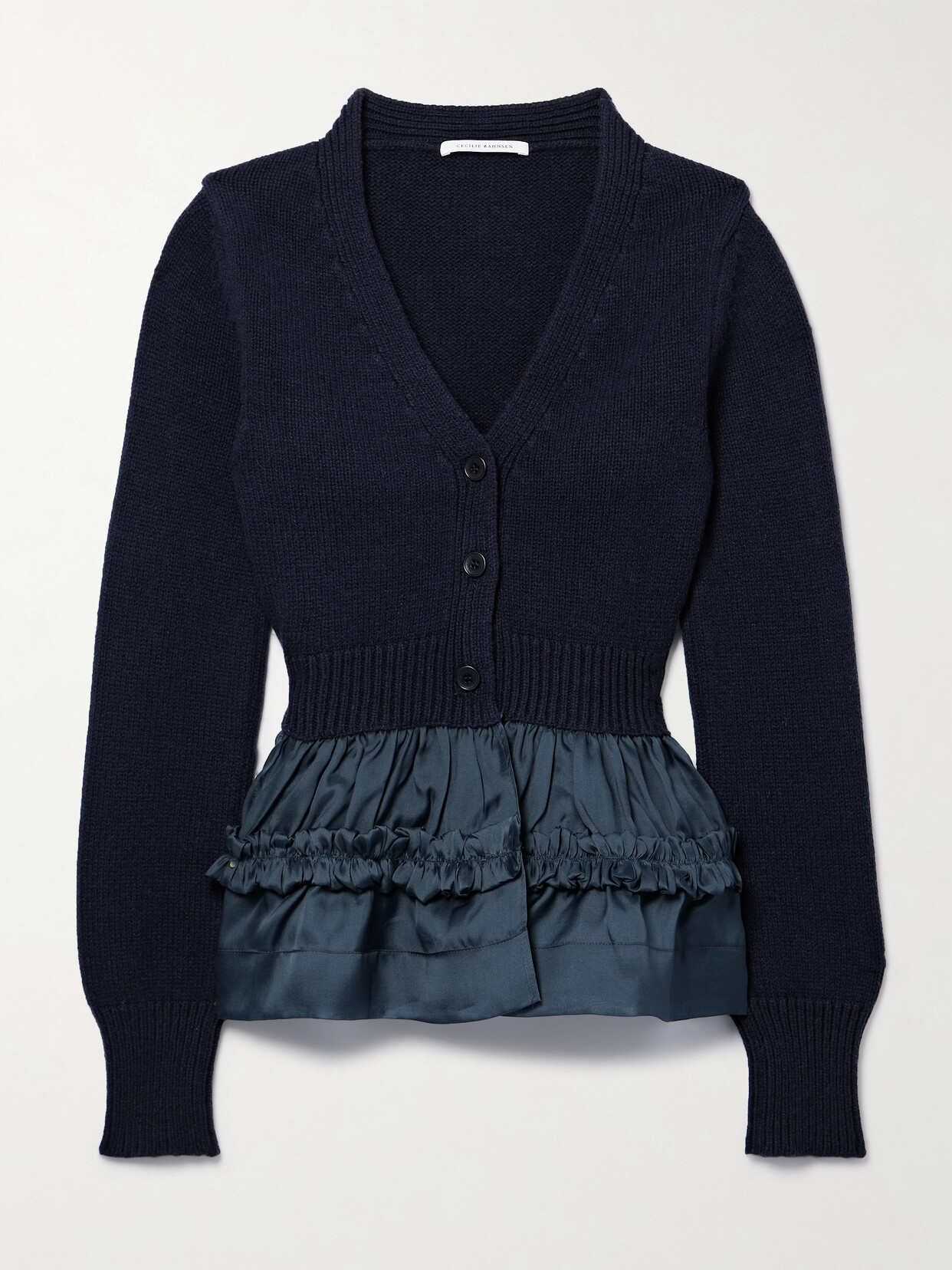 Cecilie Bahnsen Vision Ruffled Taffeta-trimmed Cashmere And Wool-blend Cardigan In Blue