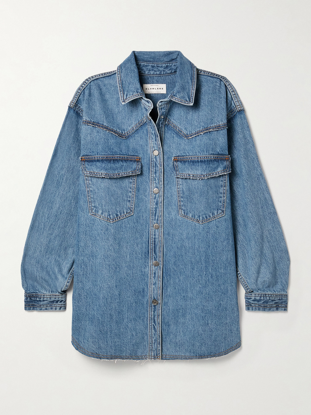 Shop Slvrlake + Net Sustain Western Frayed Organic Denim Shirt In Blue