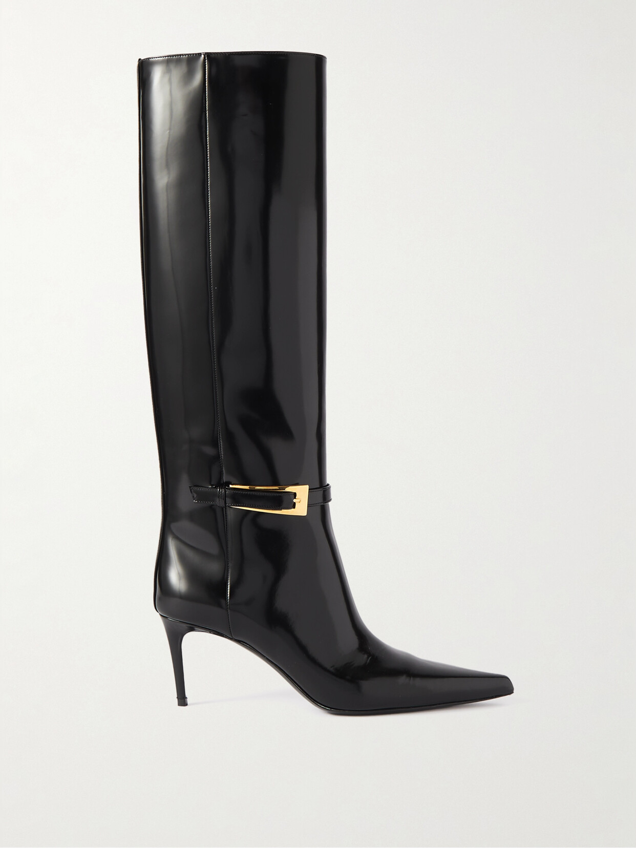 Saint Laurent Lee Buckled Glossed-leather Knee Boots In Black