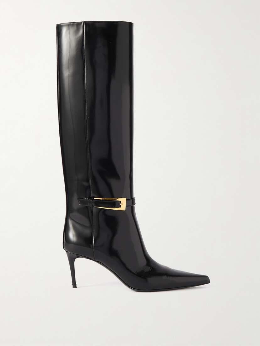 Saint Laurent Lee Buckled Glossed-leather Knee Boots