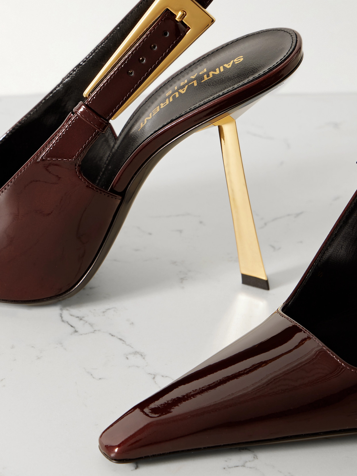 Shop Saint Laurent Lee Embellished Patent-leather Slingback Pumps In Burgundy