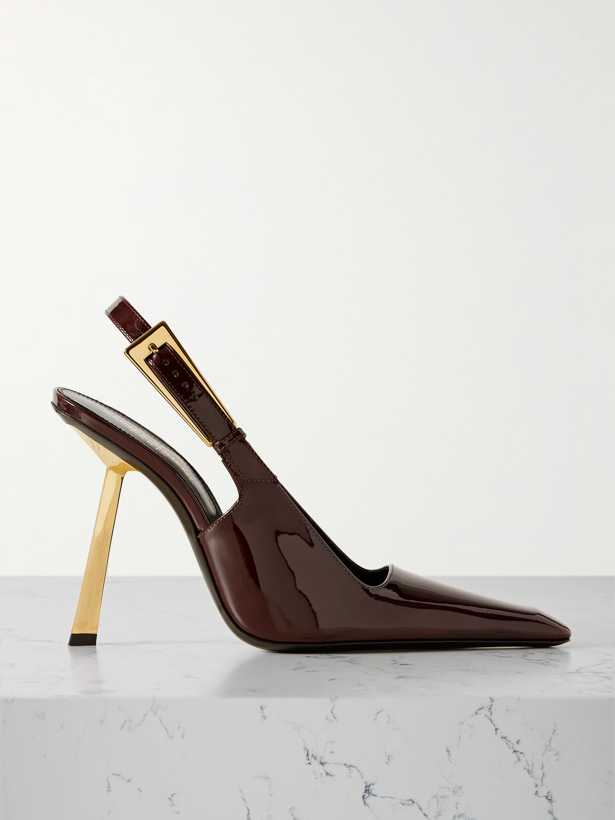 Saint Laurent Lee Embellished Patent-leather Slingback Pumps In Marron Glace