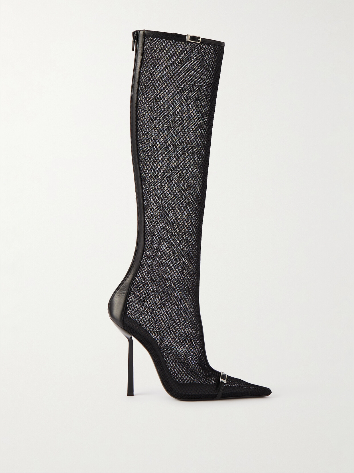 Saint Laurent Oxalis Buckle-embellished Leather-trimmed Mesh Knee Boots In Black