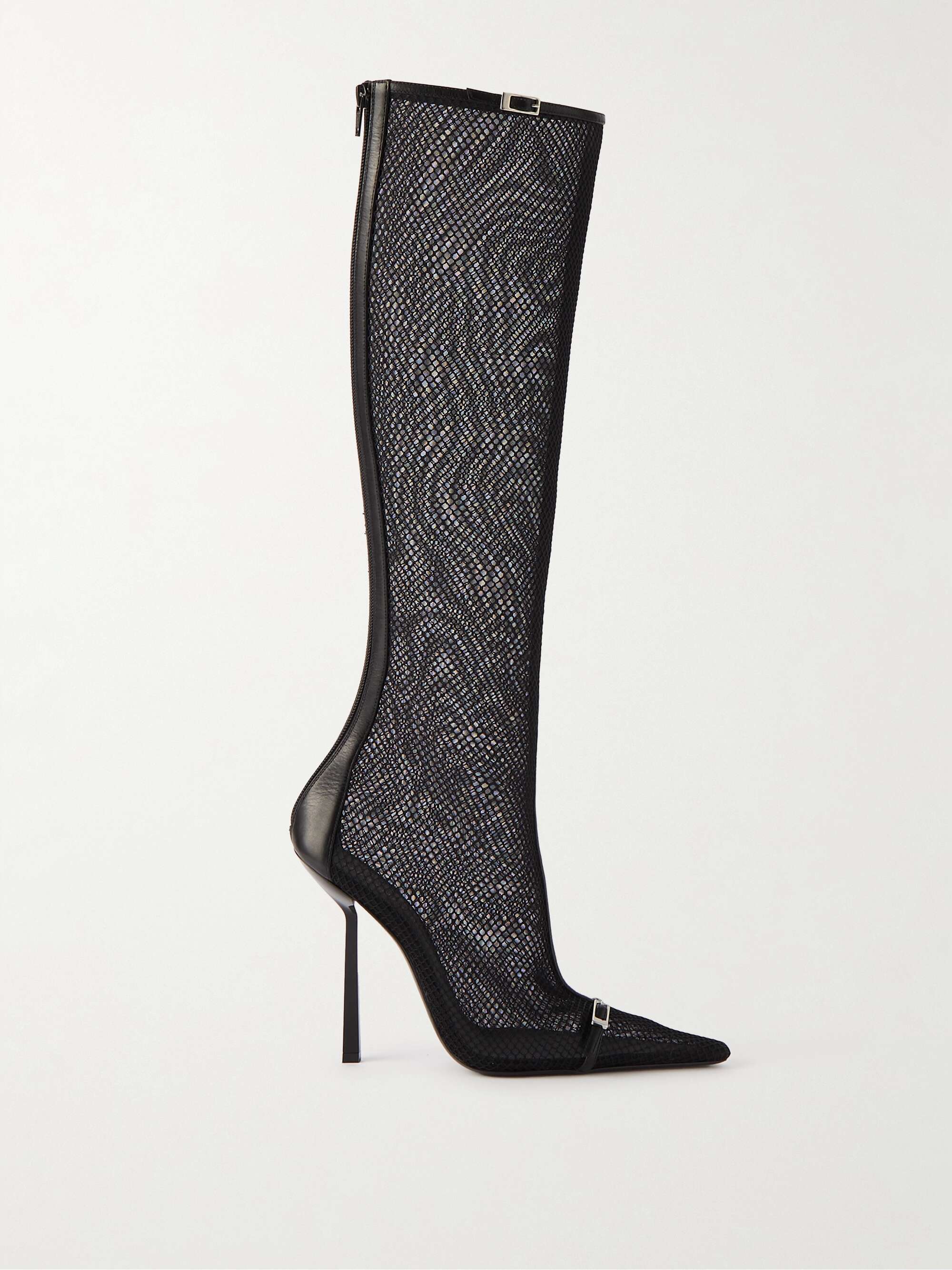 SAINT LAURENT Oxalis buckle-embellished leather-trimmed mesh knee boots ...