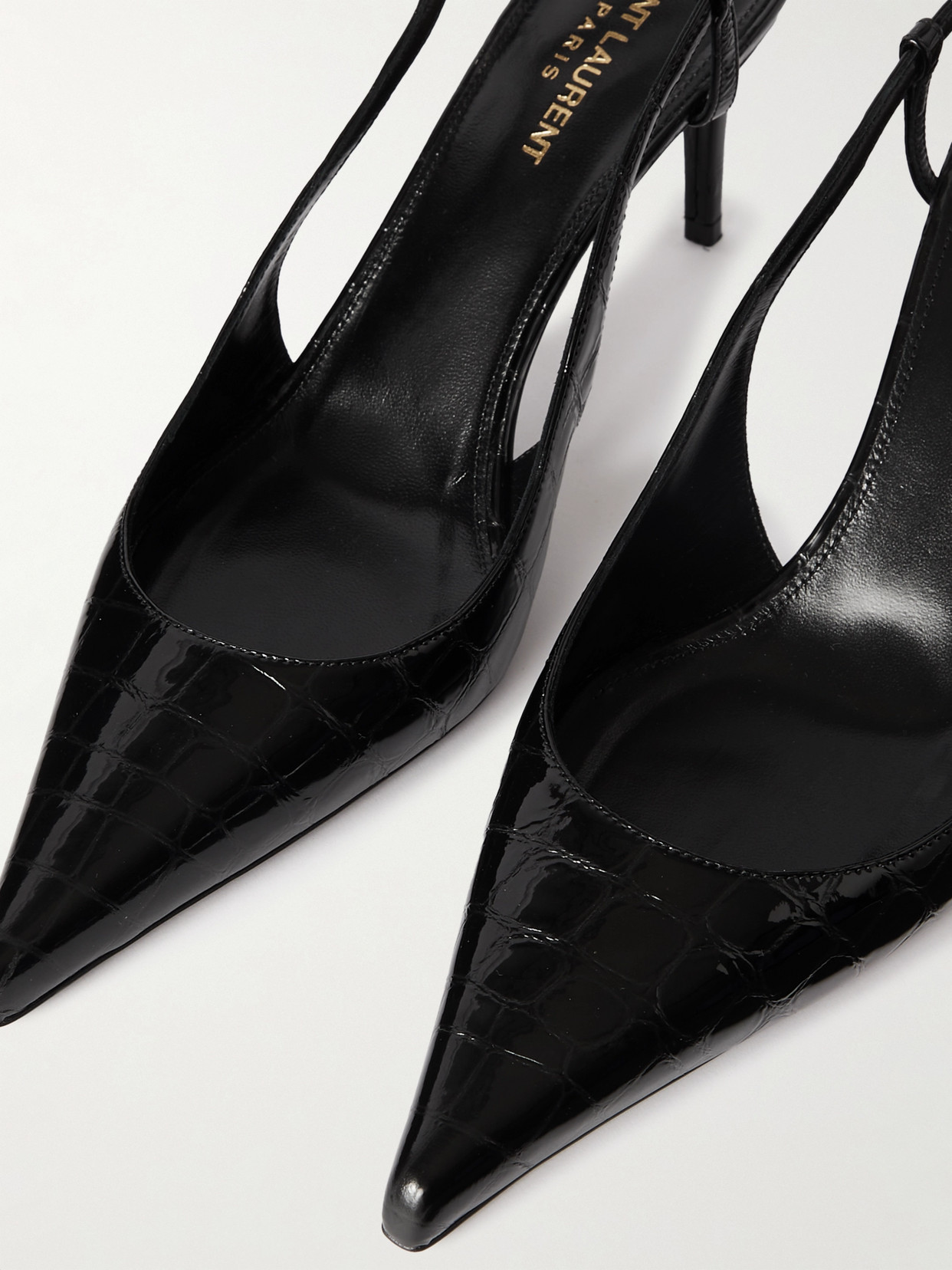 Shop Saint Laurent Vendome Glossed Croc-effect Leather Slingback Pumps In Black