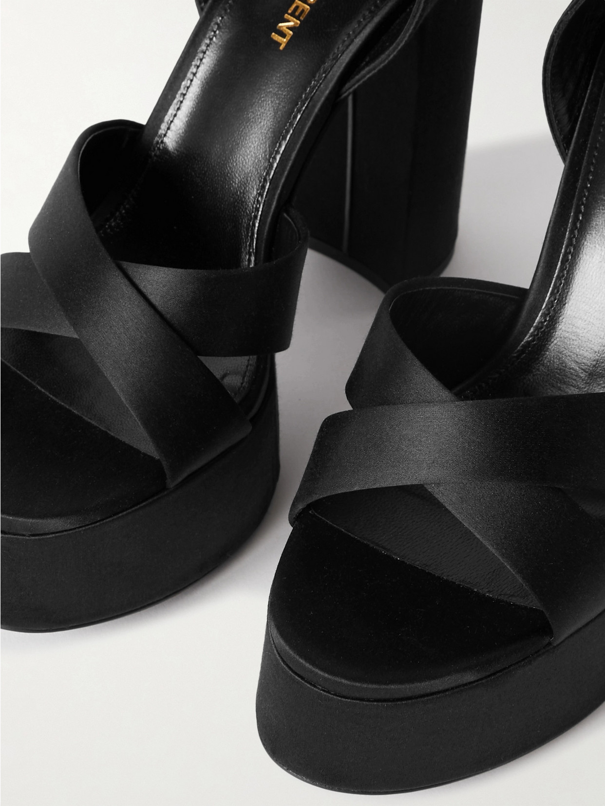 SAINT LAURENT BIANCA EMBELLISHED SATIN PLATFORM SANDALS
