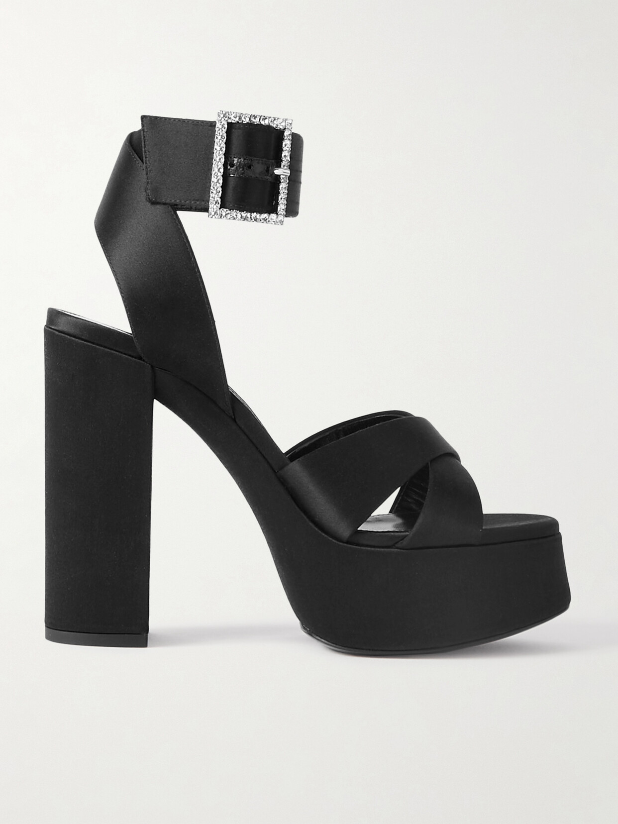SAINT LAURENT BIANCA EMBELLISHED SATIN PLATFORM SANDALS