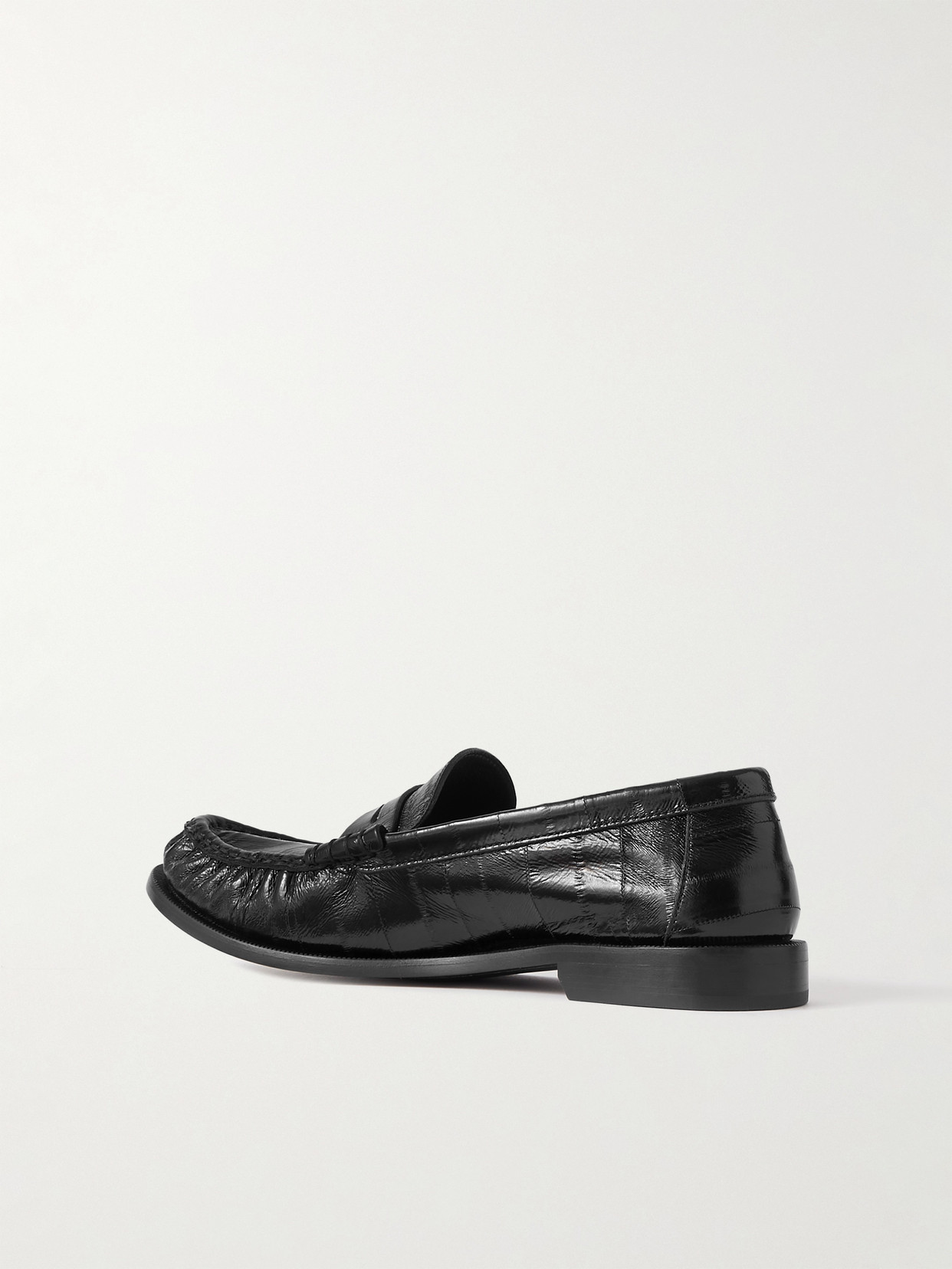 Shop Saint Laurent Logo-embellished Glossed Textured-leather Penny Loafers In Black