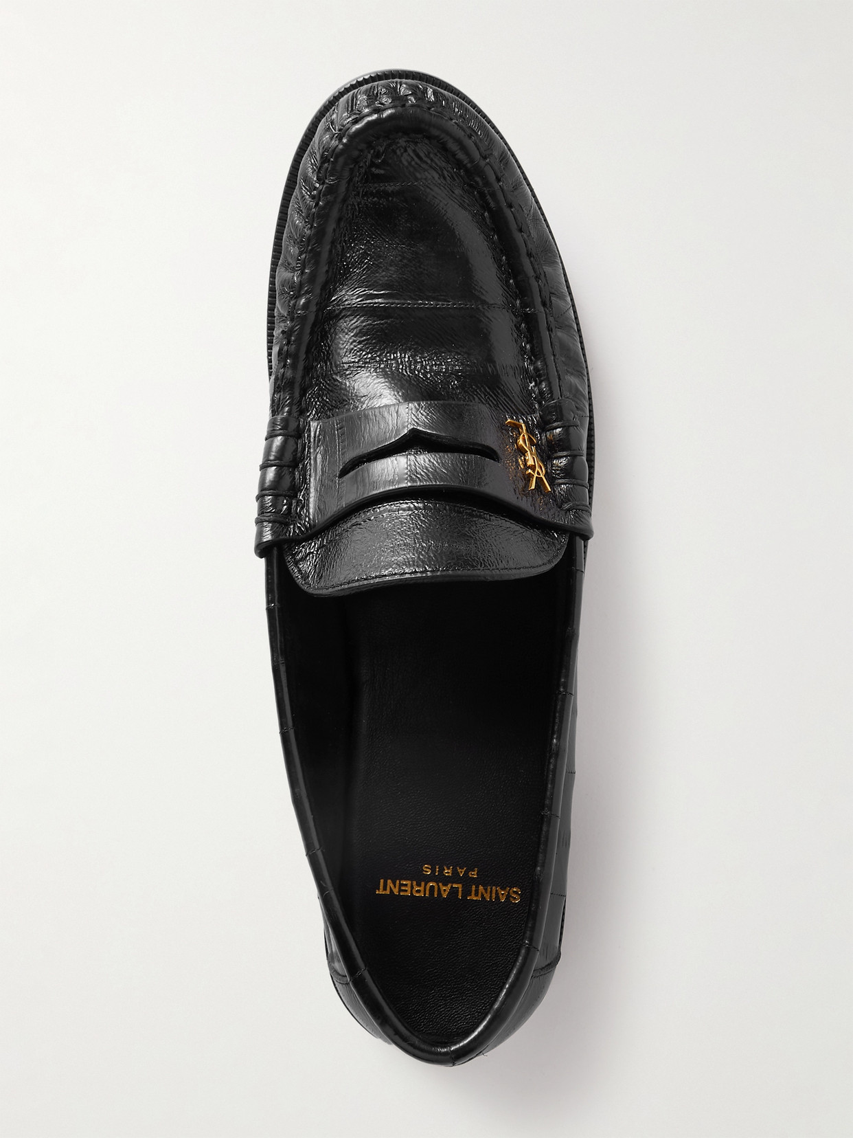 Shop Saint Laurent Logo-embellished Glossed Textured-leather Penny Loafers In Black