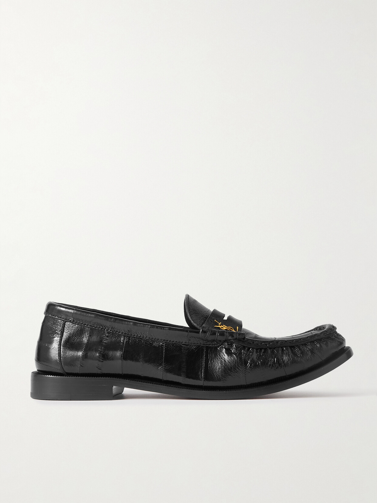 Shop Saint Laurent Logo-embellished Glossed Textured-leather Penny Loafers In Black