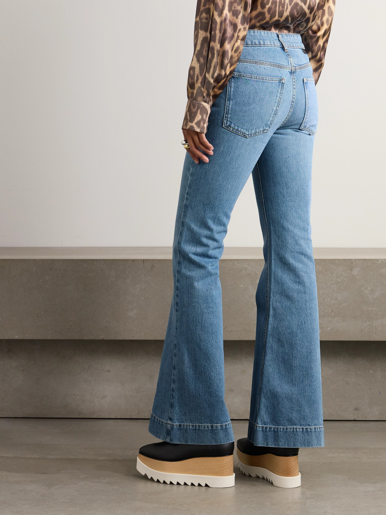 Shop Stella Mccartney + Net Sustain Iconic Chain-embellished High-rise Flared Jeans In Blue