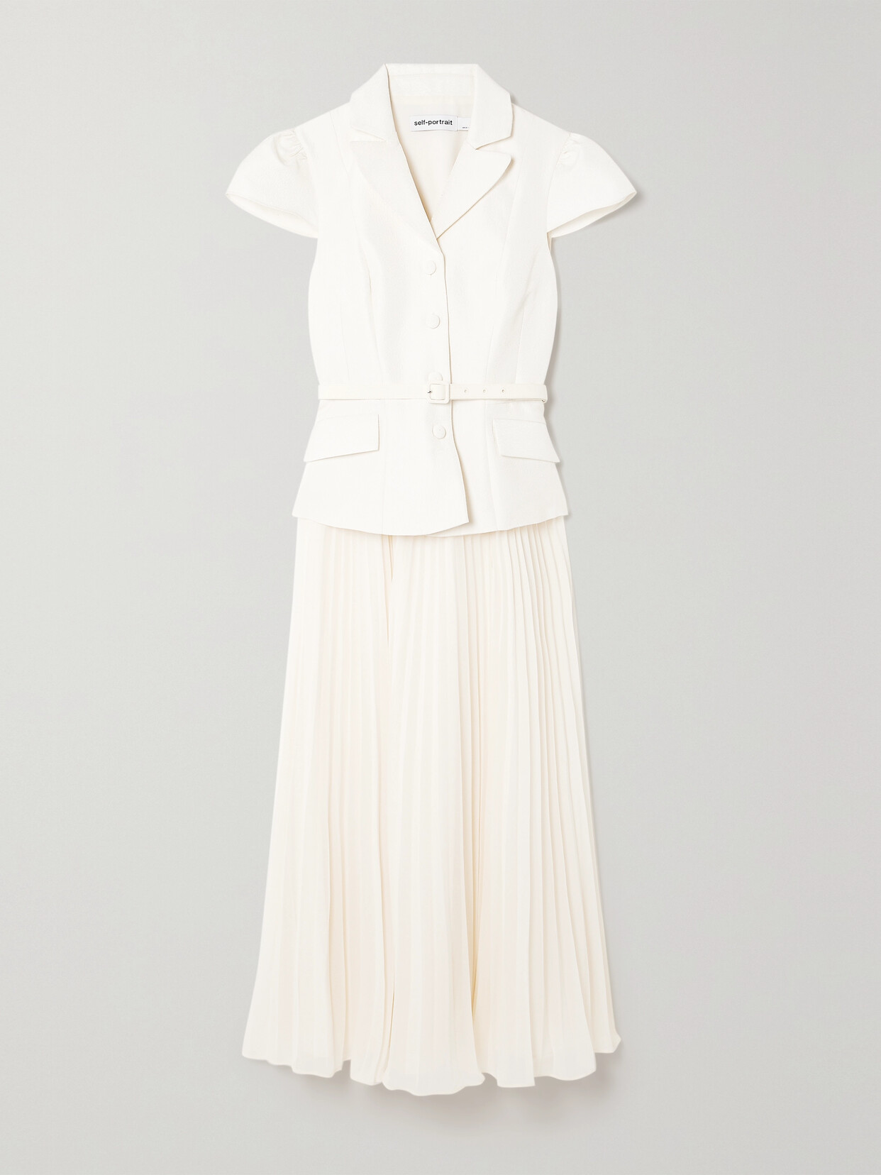 Self-Portrait - Belted Cloqué And Pleated Chiffon Midi Dress - White