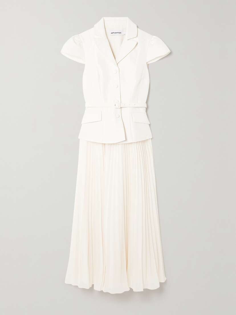 Self-Portrait Belted Cloqué And Pleated Chiffon Midi Dress - UK 16