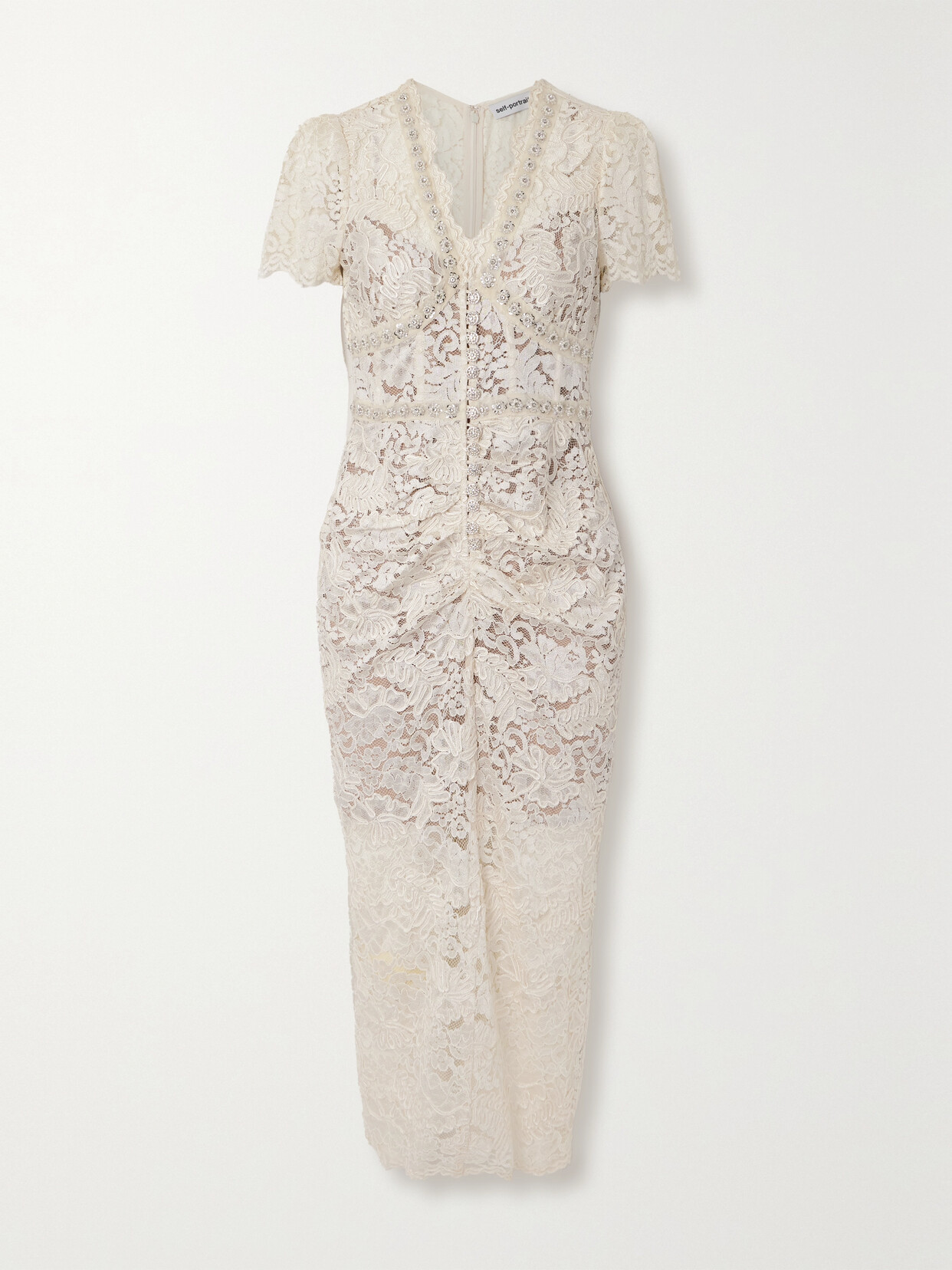 Self-portrait Crystal-embellished Lace Midi Dress In Neutrals