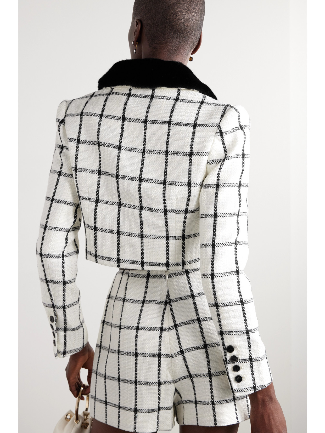 Cropped Faux Fur-Trimmed Checked Tweed Jacket