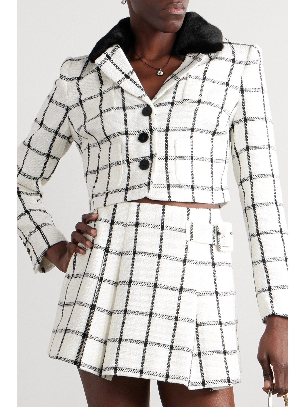 Cropped Faux Fur-Trimmed Checked Tweed Jacket