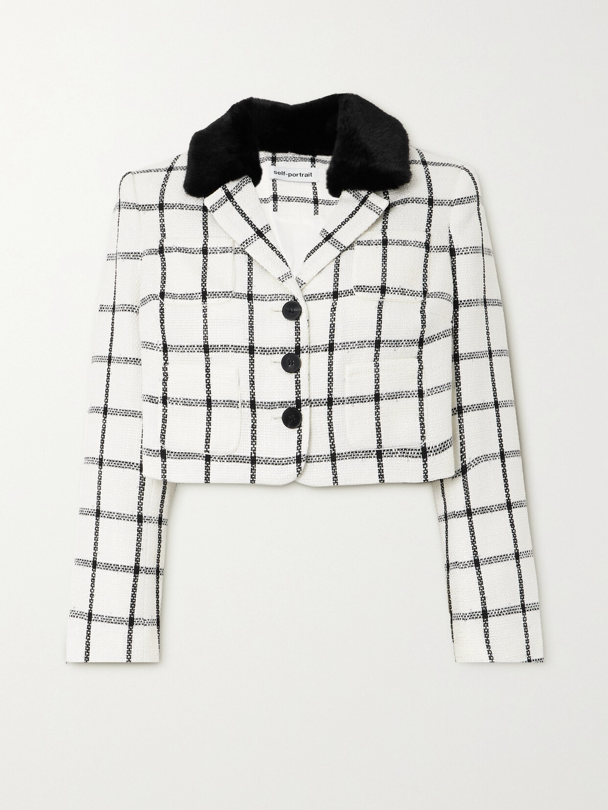 Shop Self-portrait Cropped Faux Fur-trimmed Checked Tweed Jacket In Cream