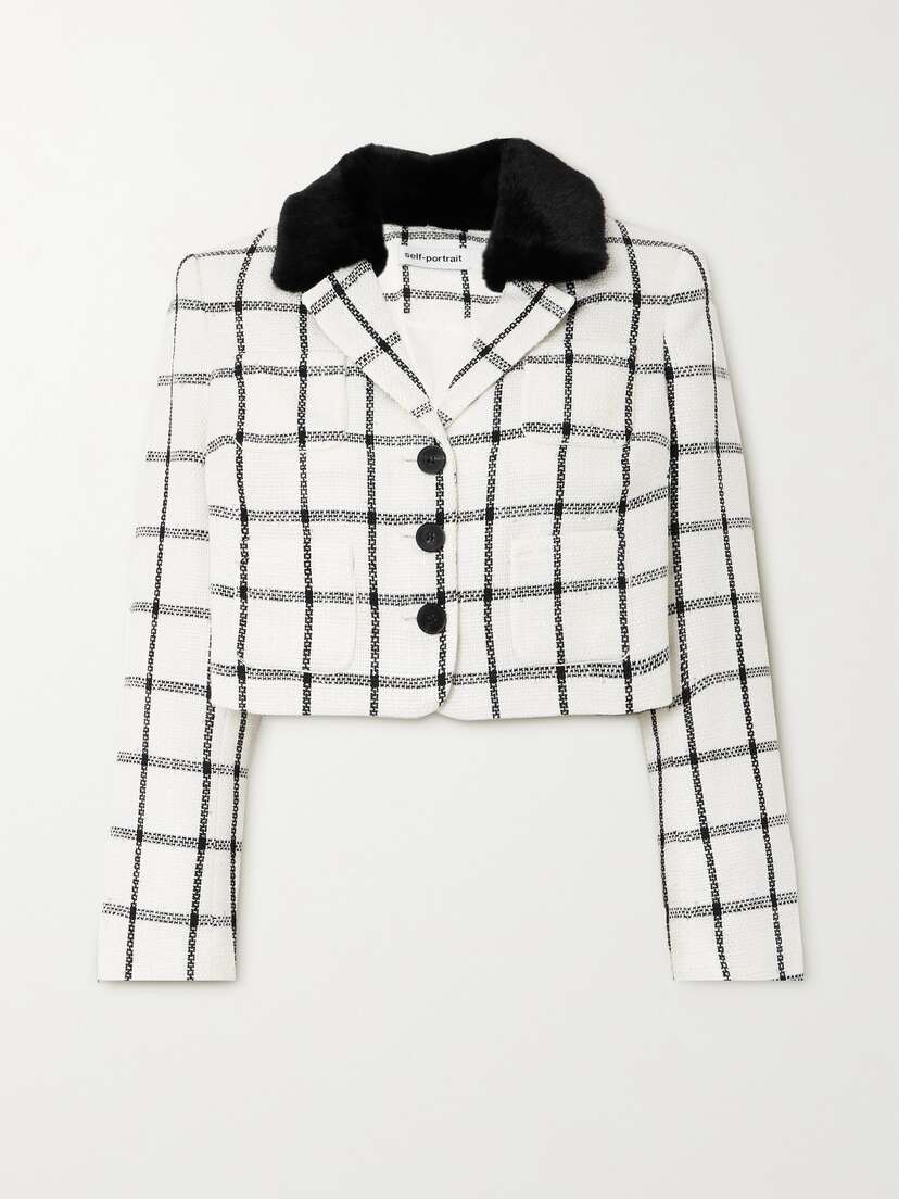 Self-Portrait Cropped Faux Fur-trimmed Checked Tweed Jacket