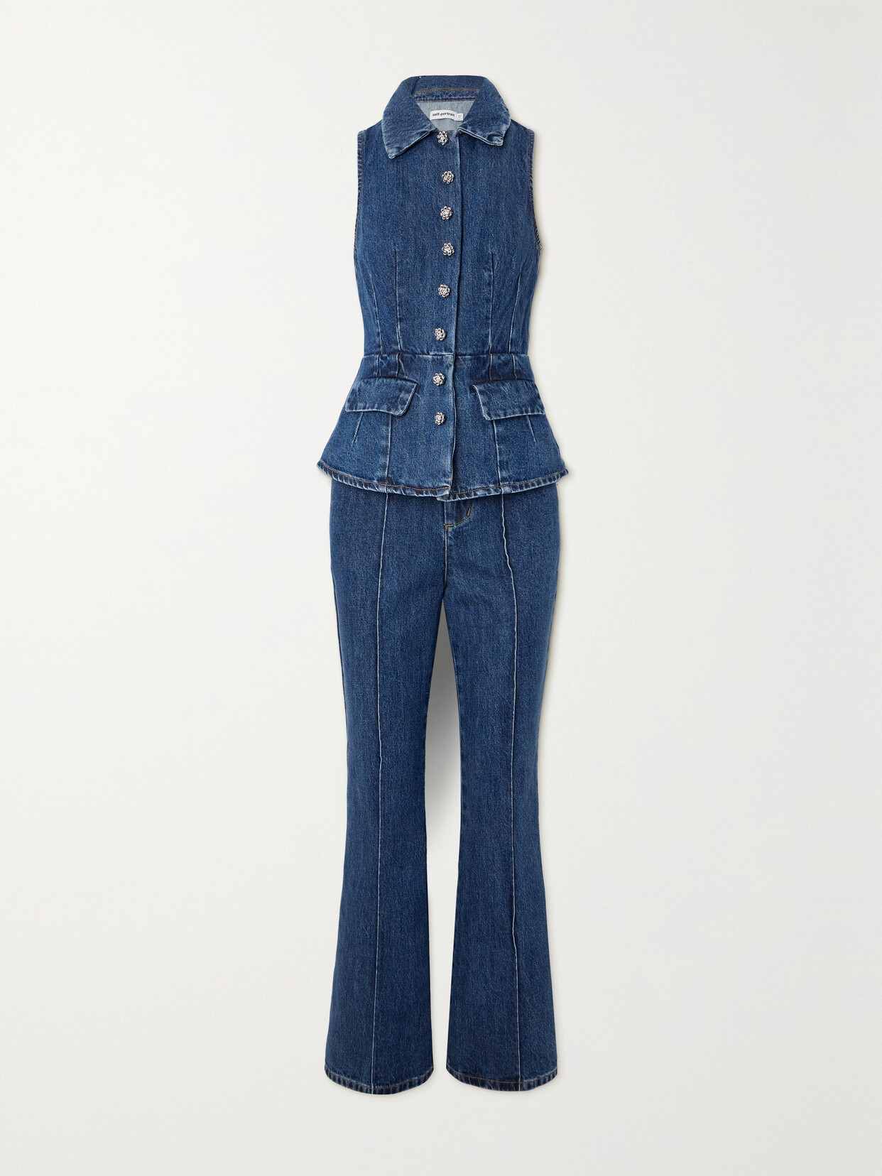 Self-portrait Crystal-embellished Denim Jumpsuit In Blue