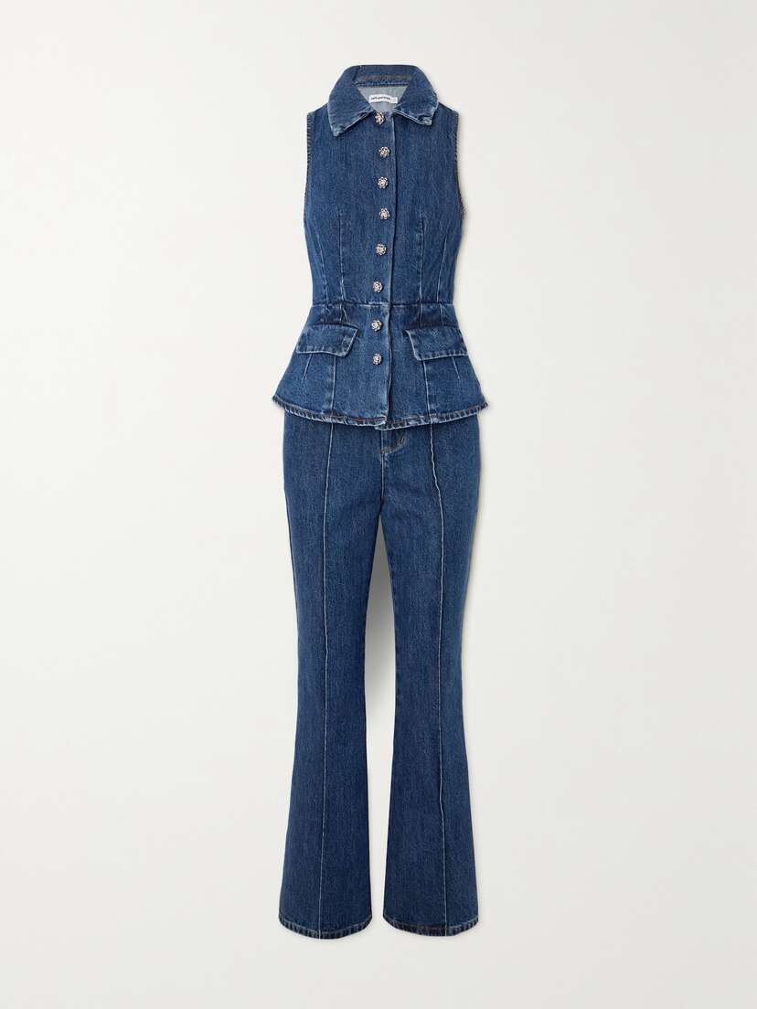 Self-Portrait Crystal-embellished Denim Jumpsuit - UK 16