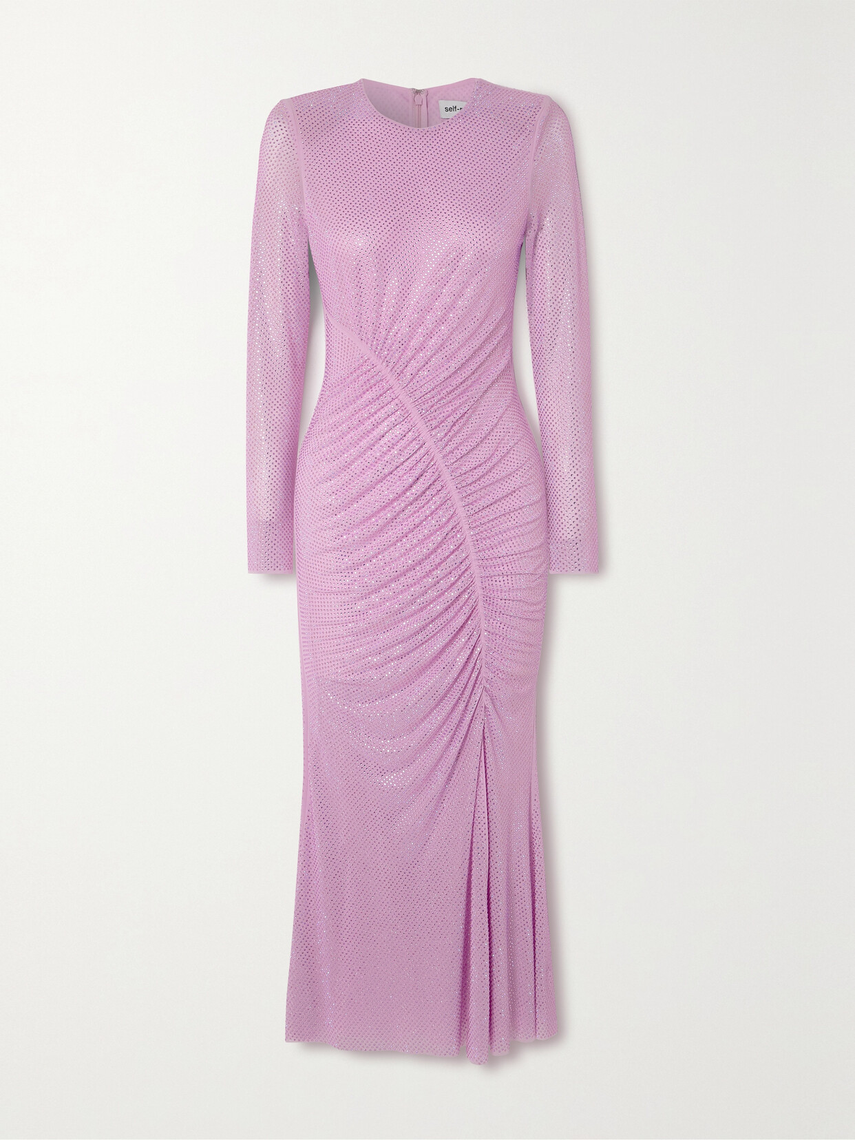 Self-Portrait - Ruched Crystal-embellished Stretch-mesh Midi Dress - Pink