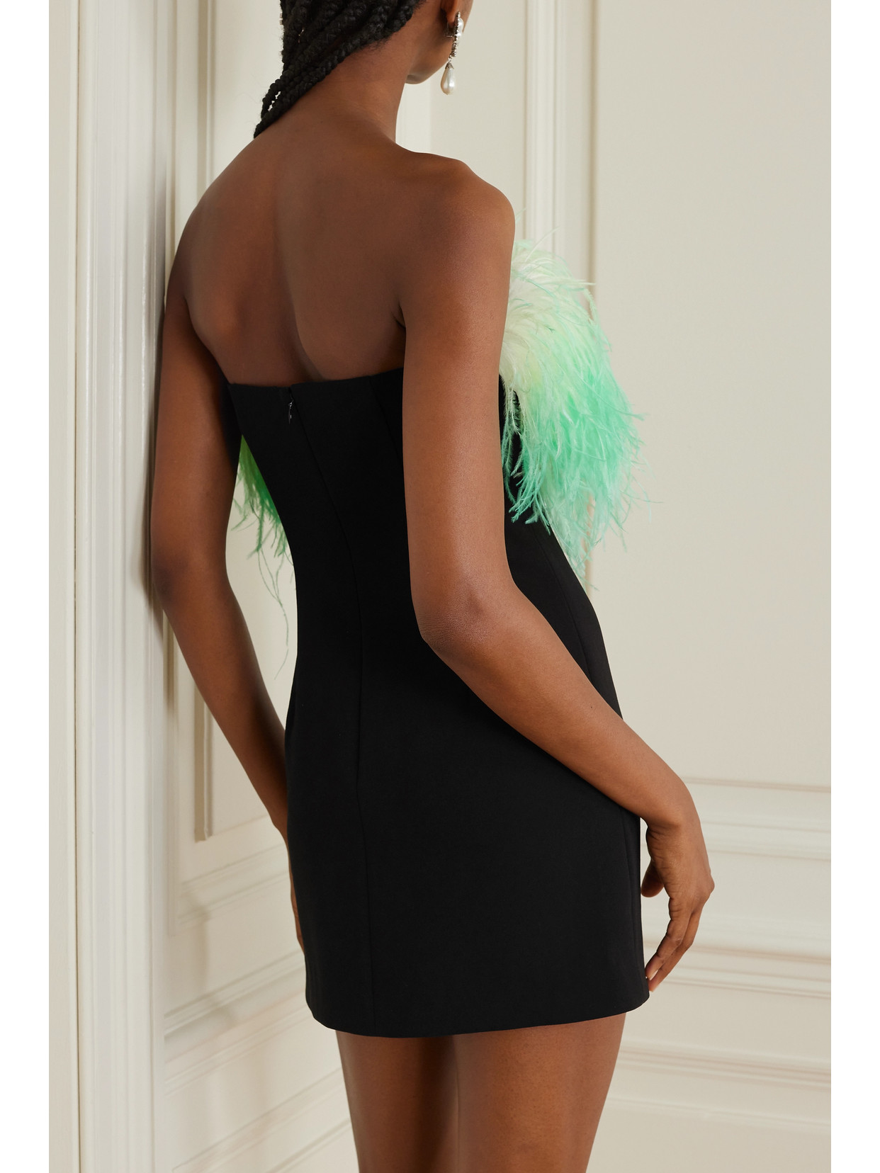 Shop Self-portrait Feather-trimmed Crystal-embellished Crepe Mini Dress In Black