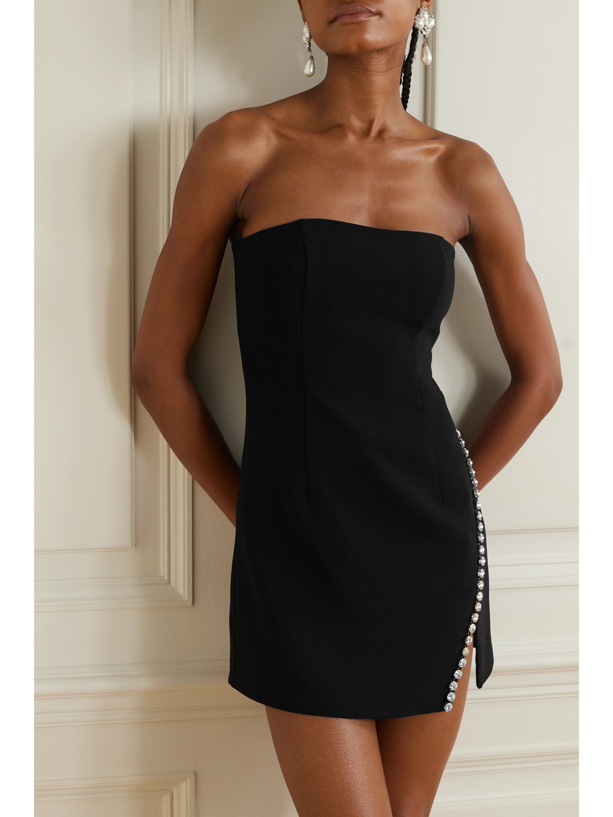 Shop Self-portrait Feather-trimmed Crystal-embellished Crepe Mini Dress In Black