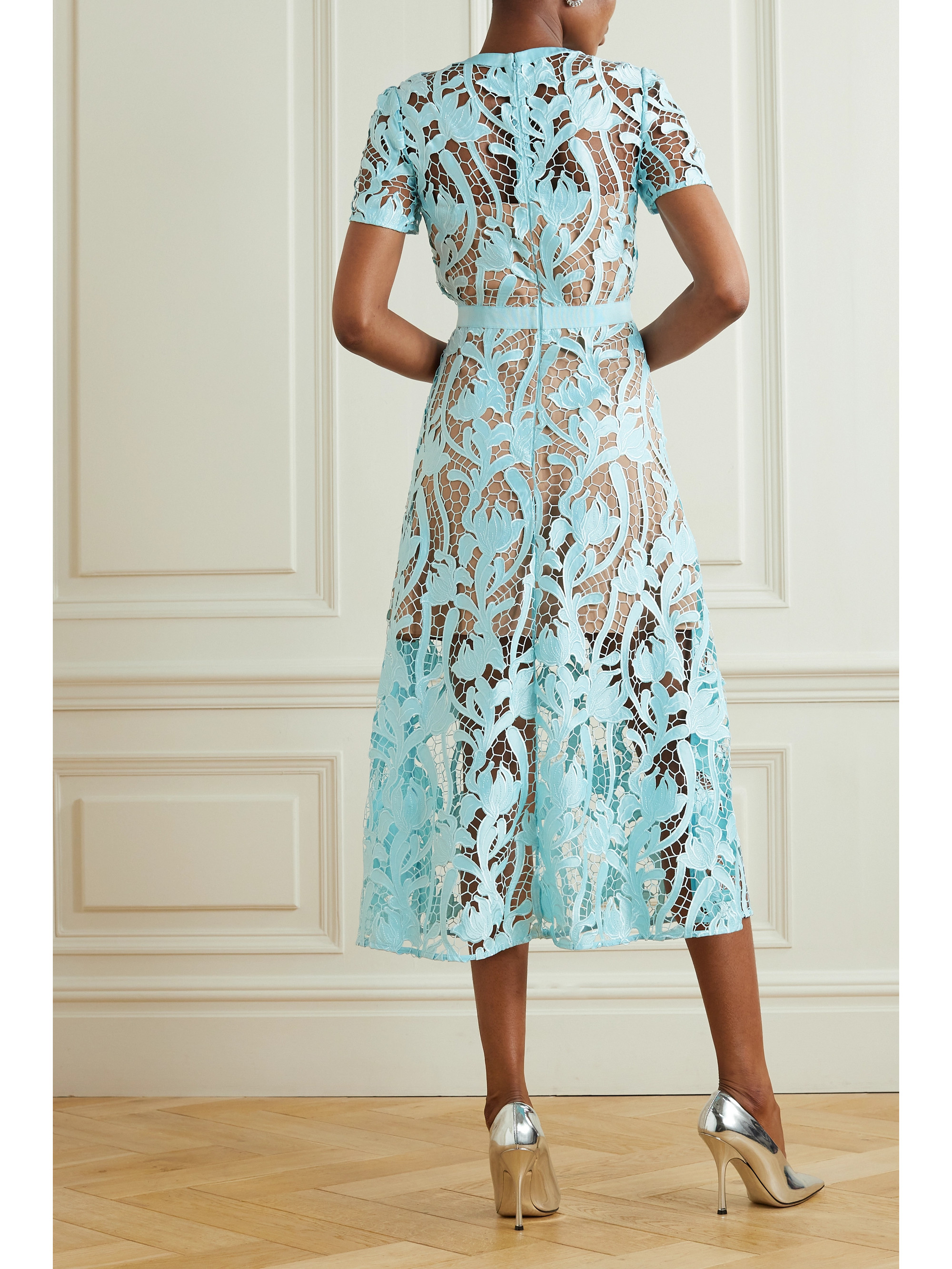 self-portrait Grosgrain-trimmed embroidered satin and guipure lace midi dress thumbnail