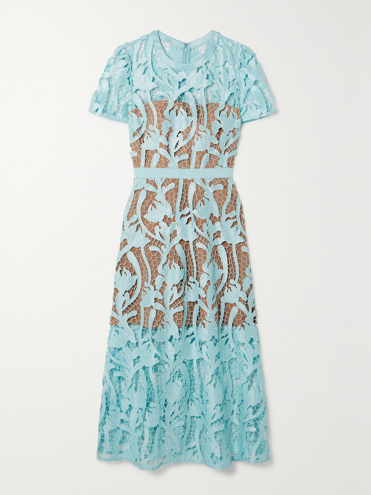 Self-portrait Grosgrain-trimmed Embroidered Satin And Guipure Lace Midi Dress In Blue