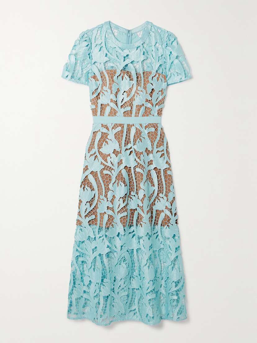 Self-Portrait Grosgrain-trimmed Embroidered Satin And Guipure Lace Midi Dress