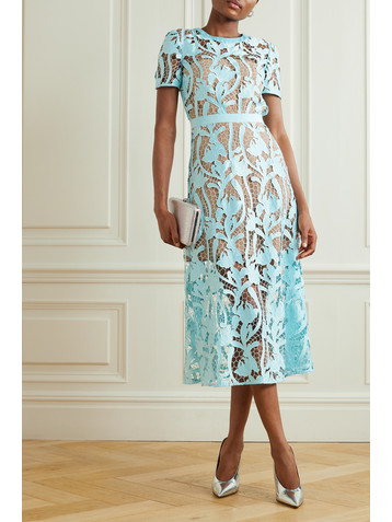 self-portrait Grosgrain-trimmed embroidered satin and guipure lace midi dress