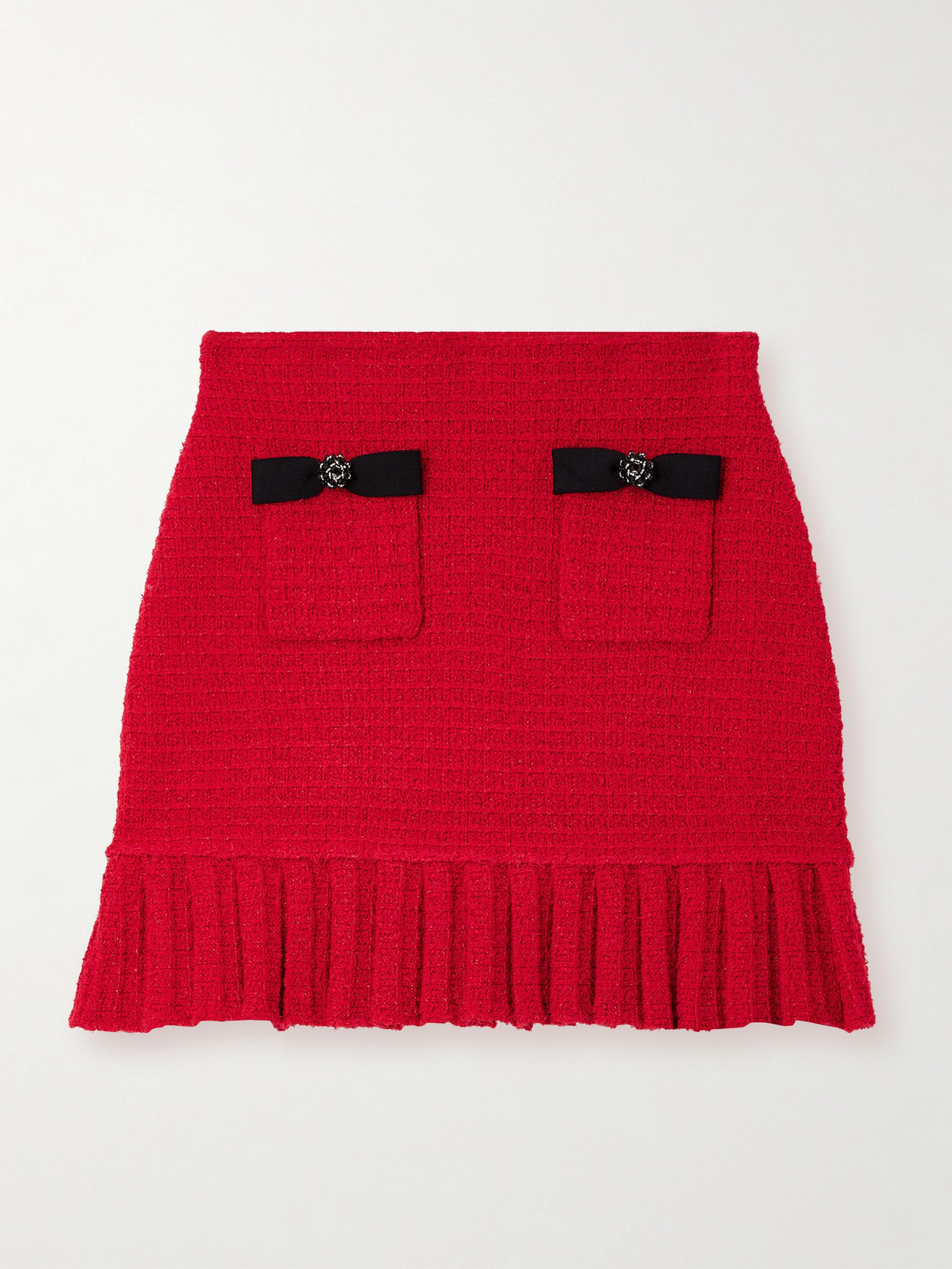 Self-Portrait Embellished Pleated Metallic Tweed Mini Skirt - Red