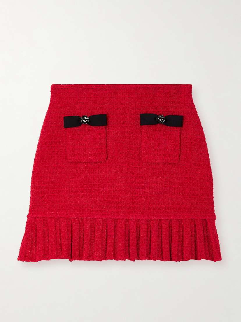 Self-Portrait Embellished Pleated Metallic Tweed Mini Skirt