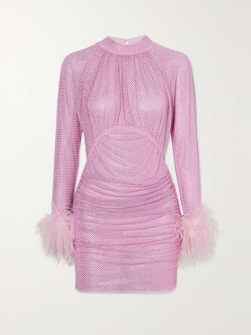 Self-Portrait Feather-trimmed Crystal-embellished Stretch-mesh Mini Dress
