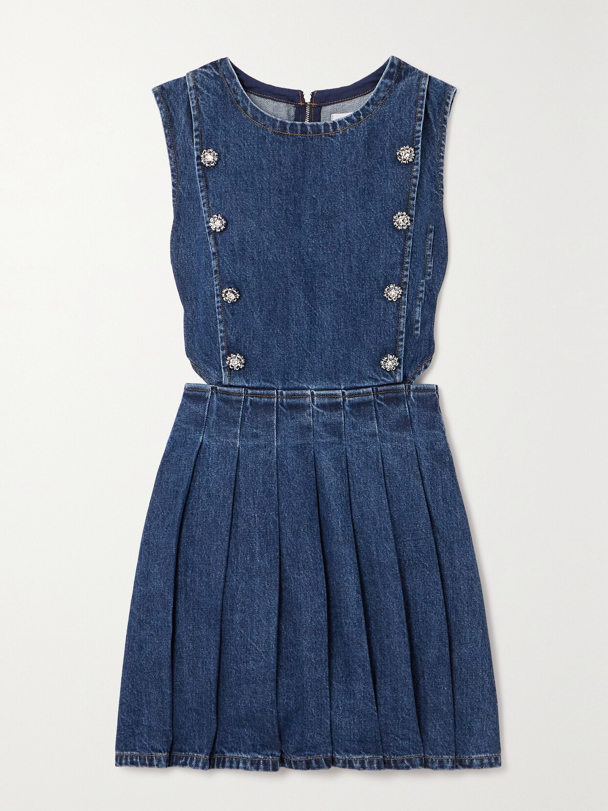 Shop Self-portrait Cutout Crystal-embellished Pleated Denim Mini Dress In Blue