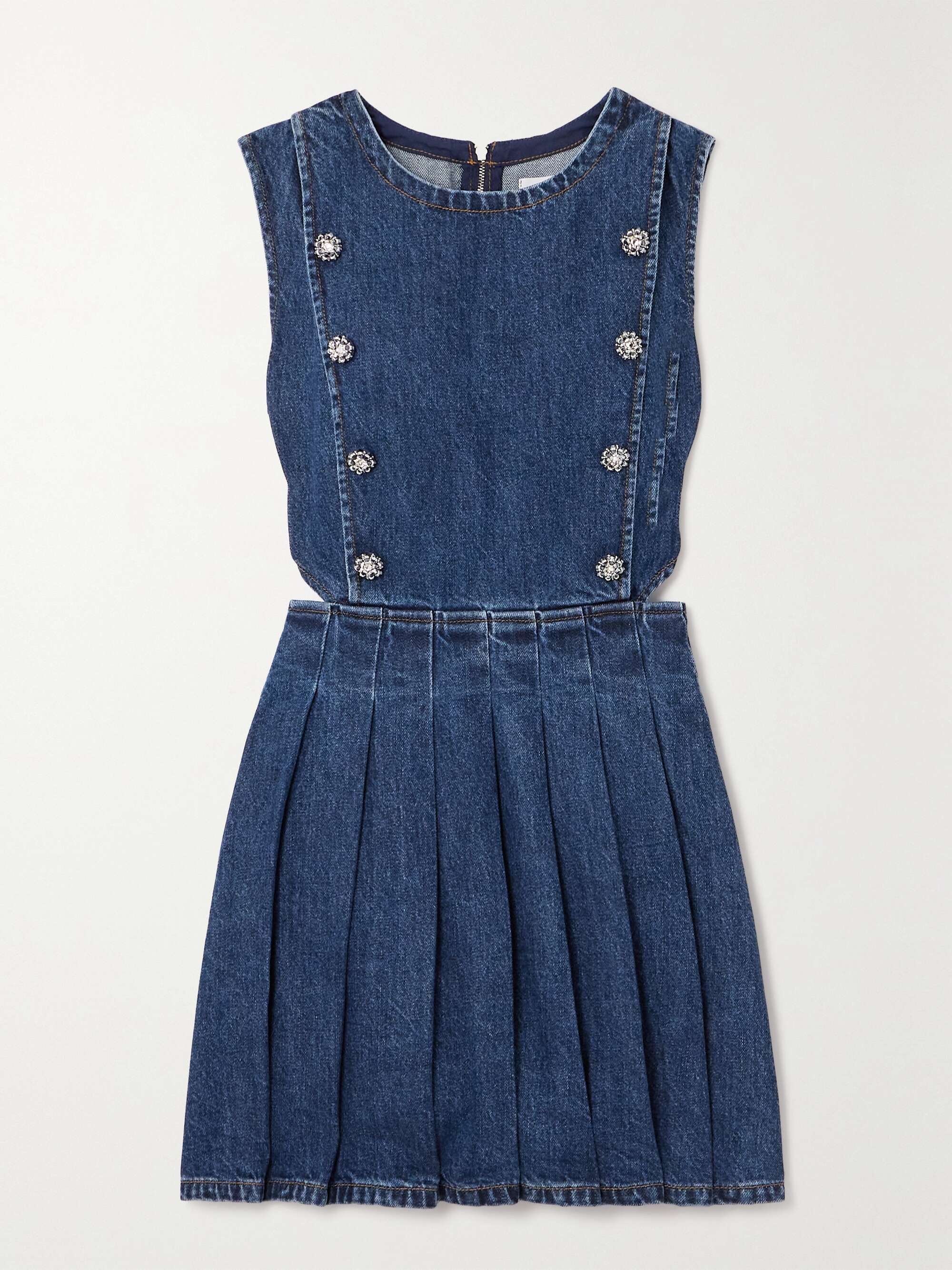 Cutout crystal embellished pleated denim mini dress blue UK 10