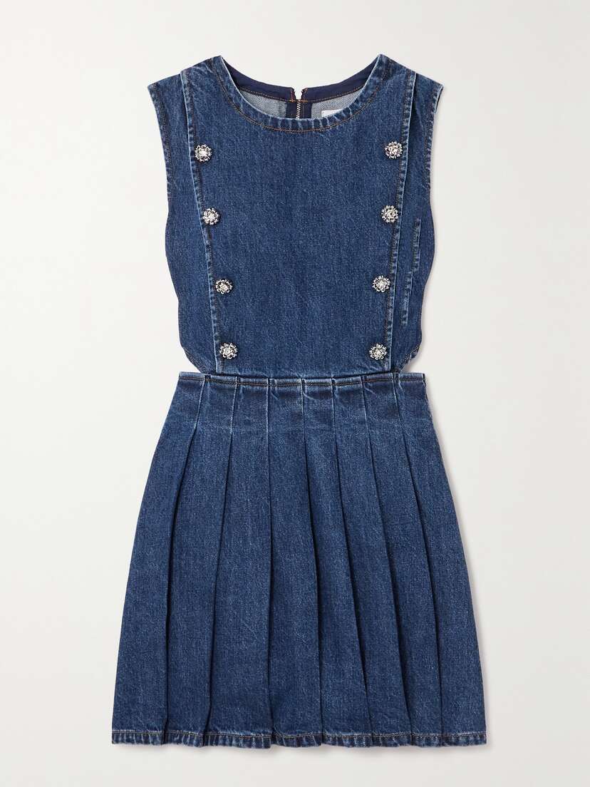 Self-Portrait Cutout Crystal-embellished Pleated Denim Mini Dress - UK 14