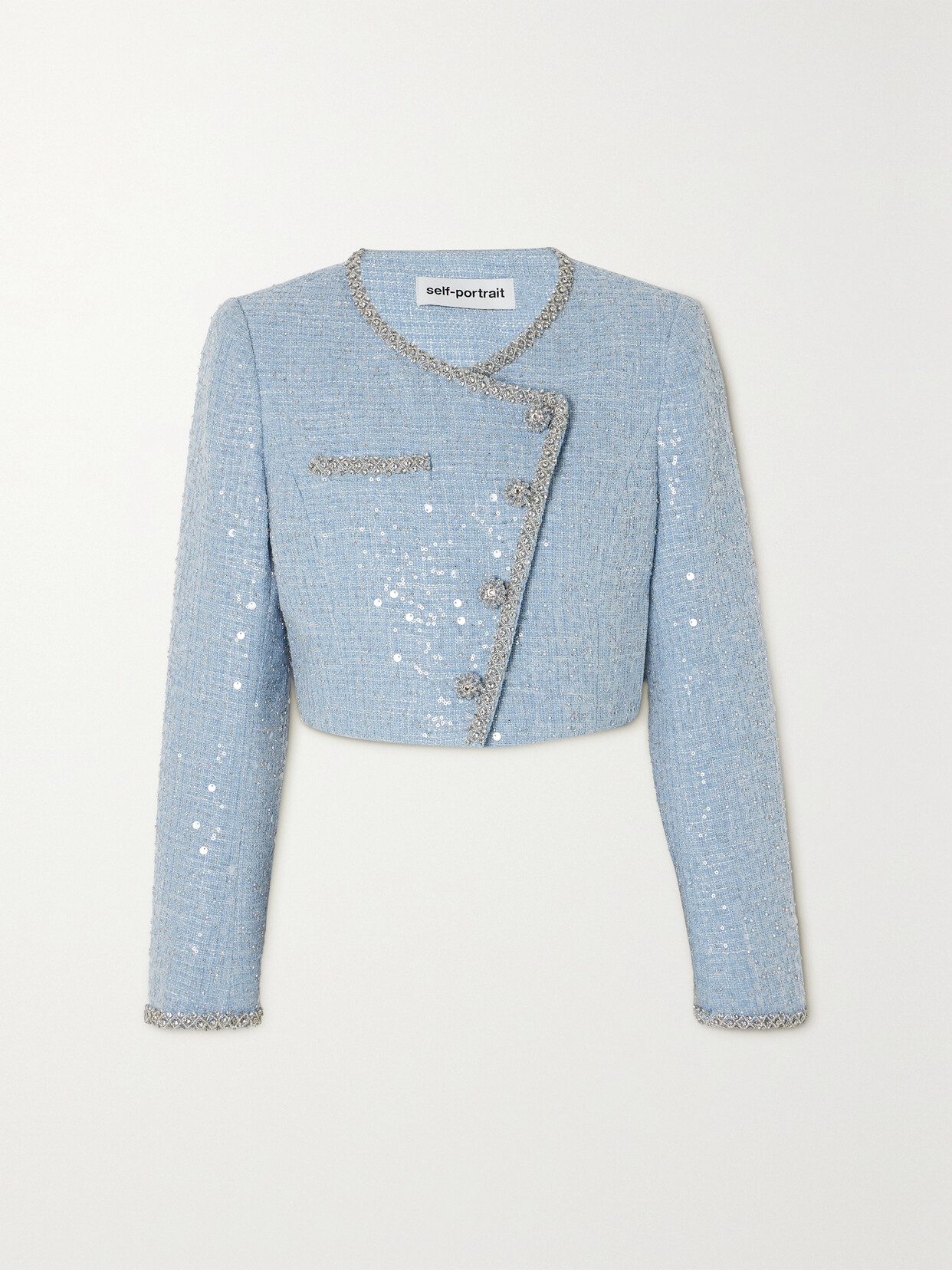 Self-Portrait Cropped Embellished Sequined Bouclé Jacket - Blue