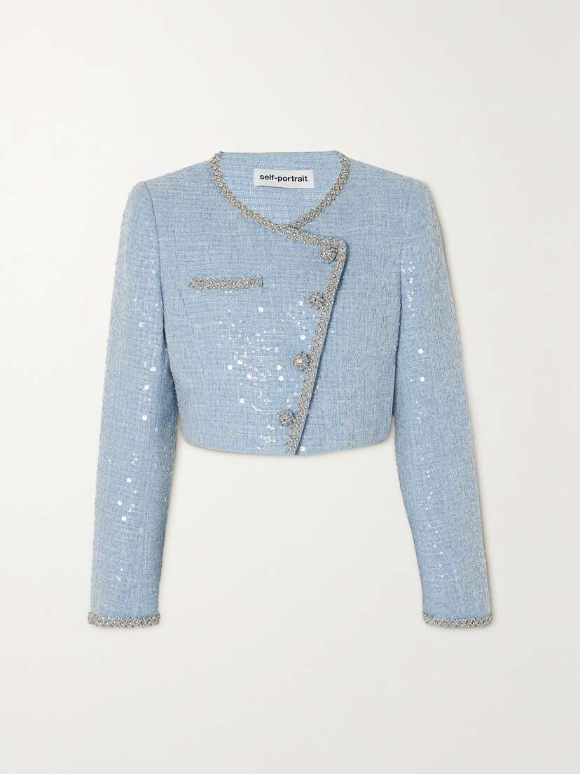 Self-Portrait Cropped Embellished Sequined Bouclé Jacket - UK 14
