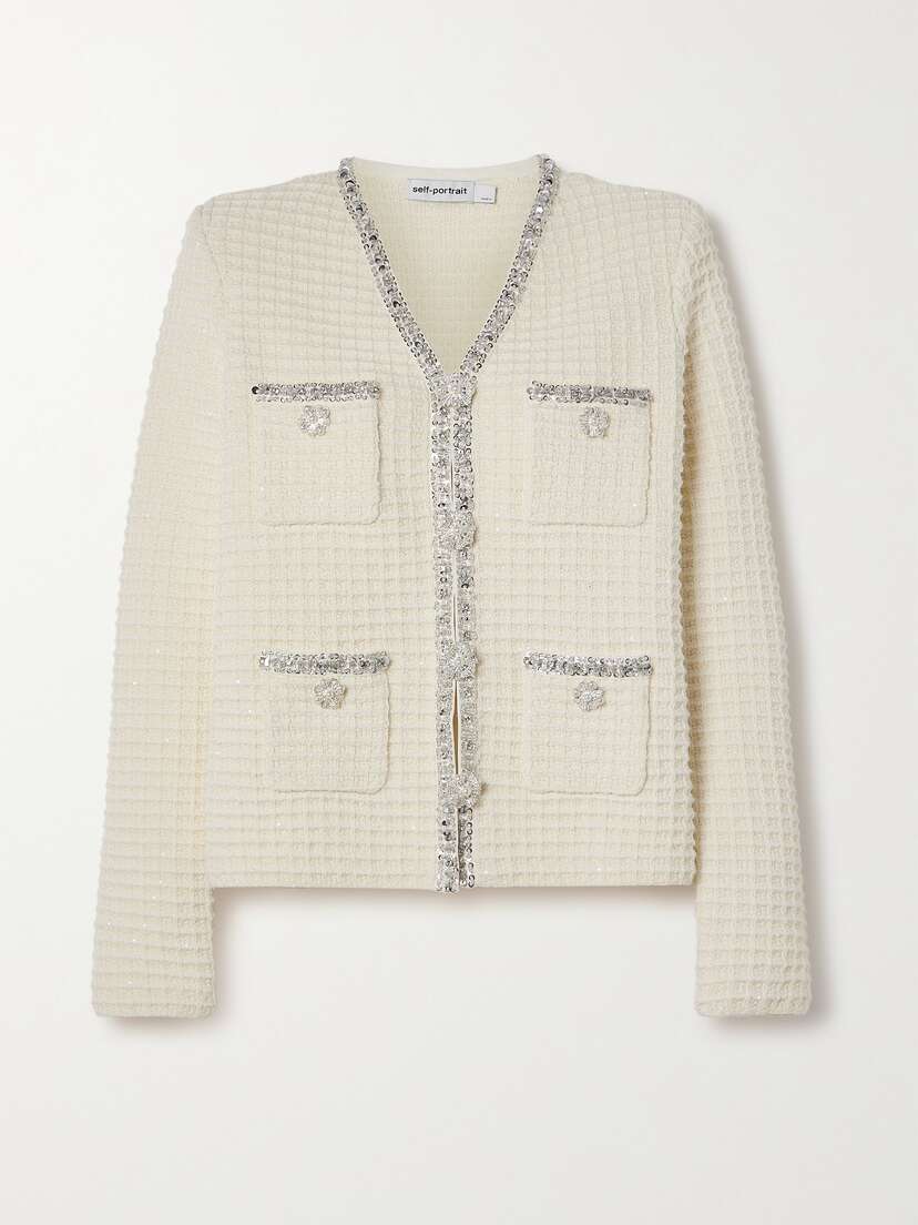 Self-Portrait Embellished Bouclé-knit Cardigan