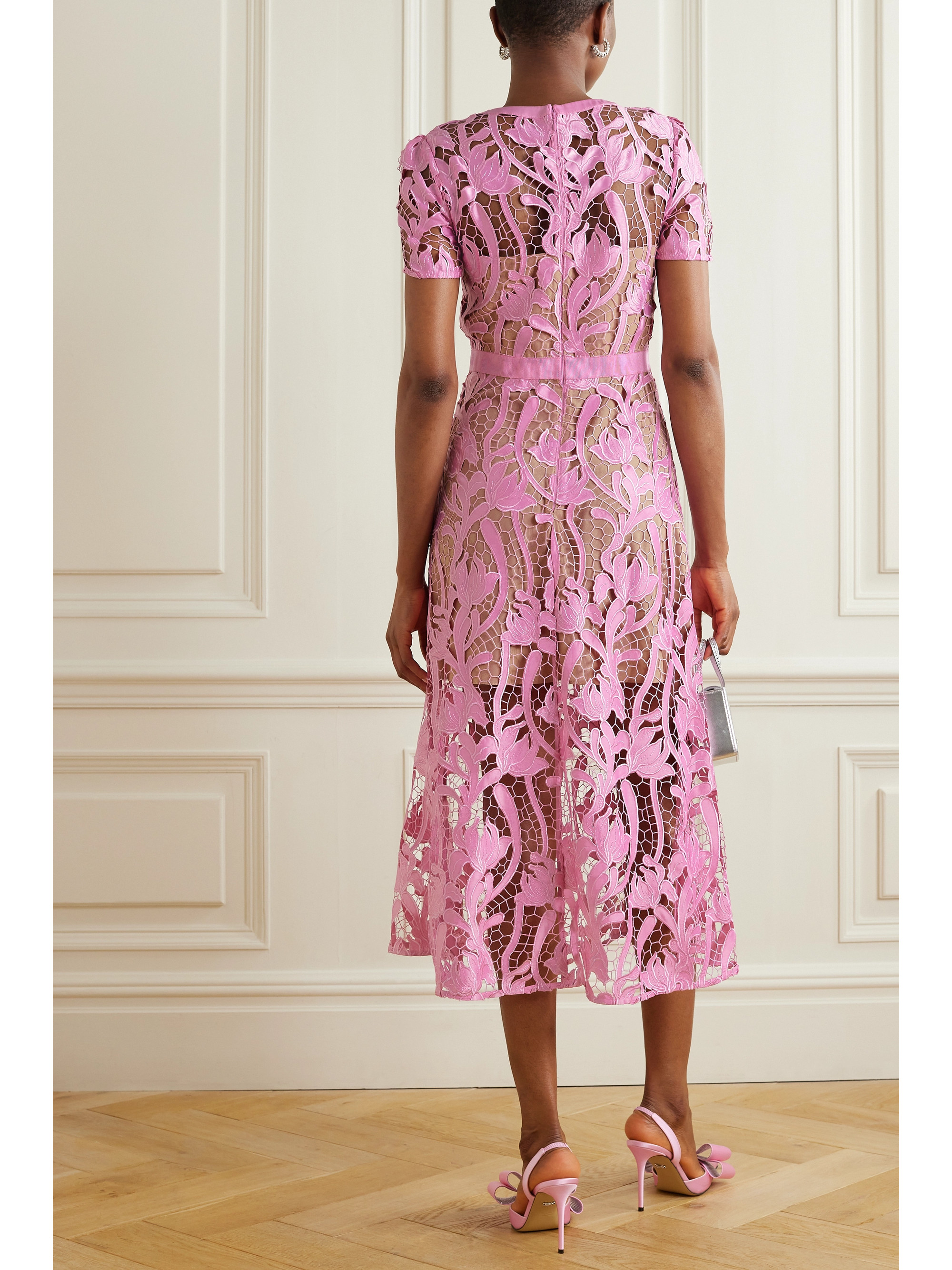 self-portrait Grosgrain-trimmed embroidered satin and guipure lace midi dress thumbnail