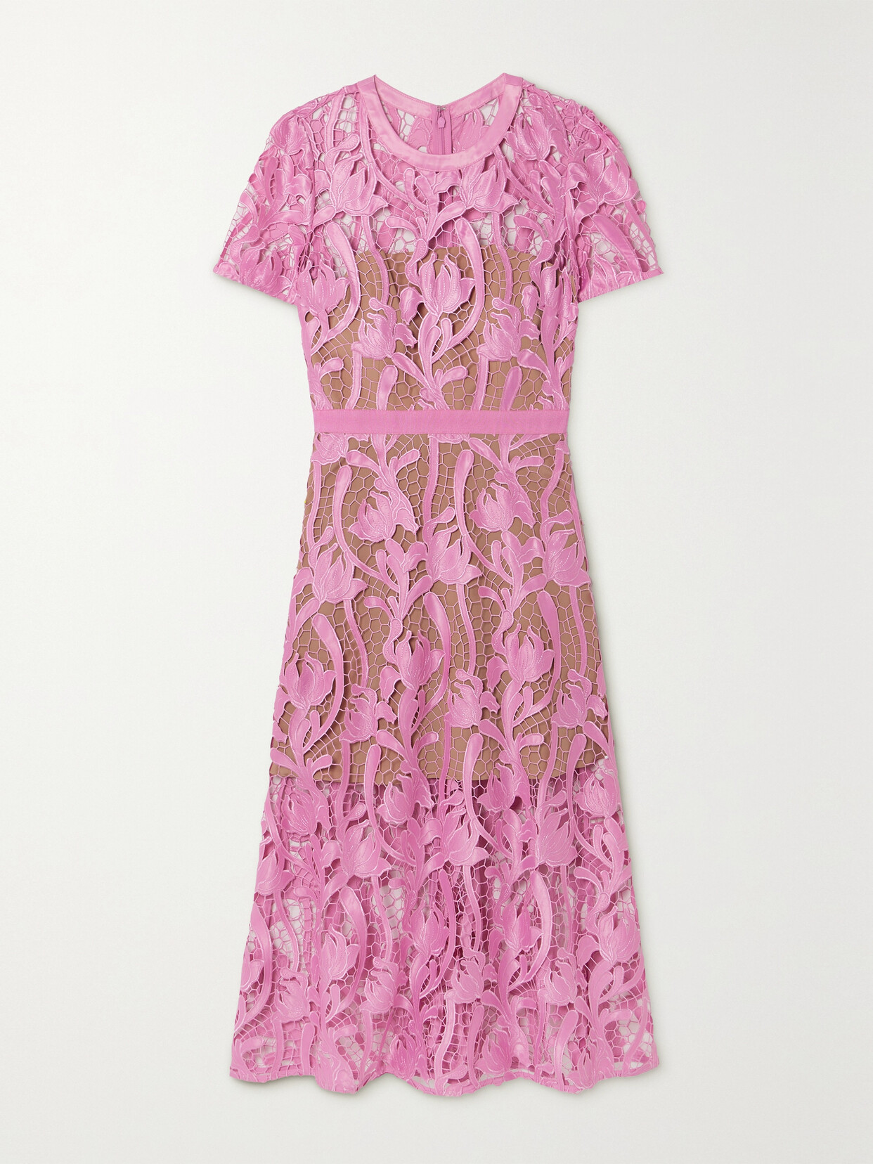 Self-portrait Grosgrain-trimmed Embroidered Satin And Guipure Lace Midi Dress In Pink