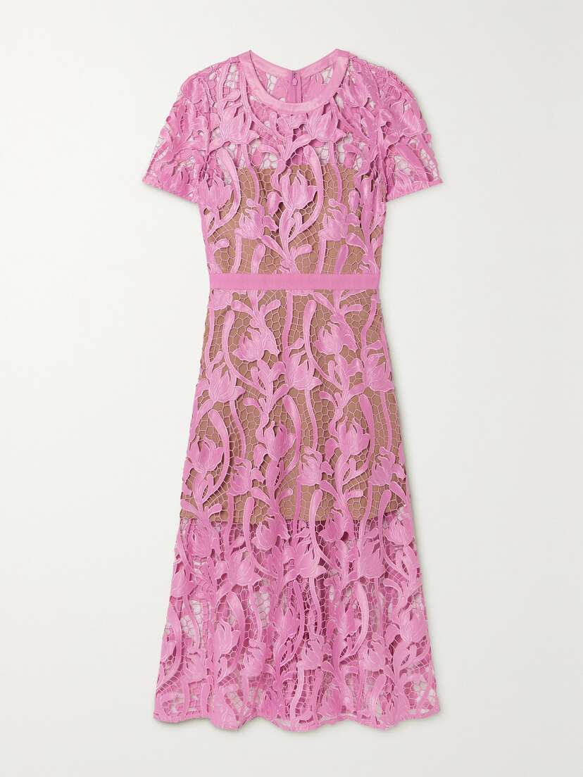 Self-Portrait Grosgrain-trimmed Embroidered Satin And Guipure Lace Midi Dress