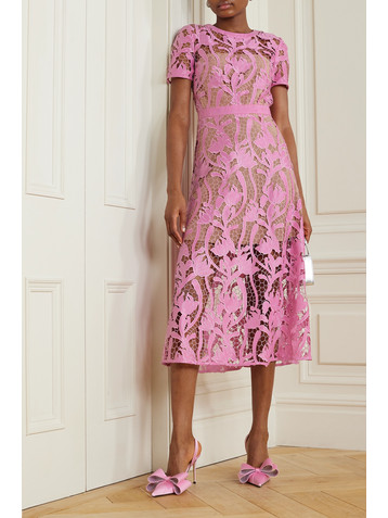 self-portrait Grosgrain-trimmed embroidered satin and guipure lace midi dress