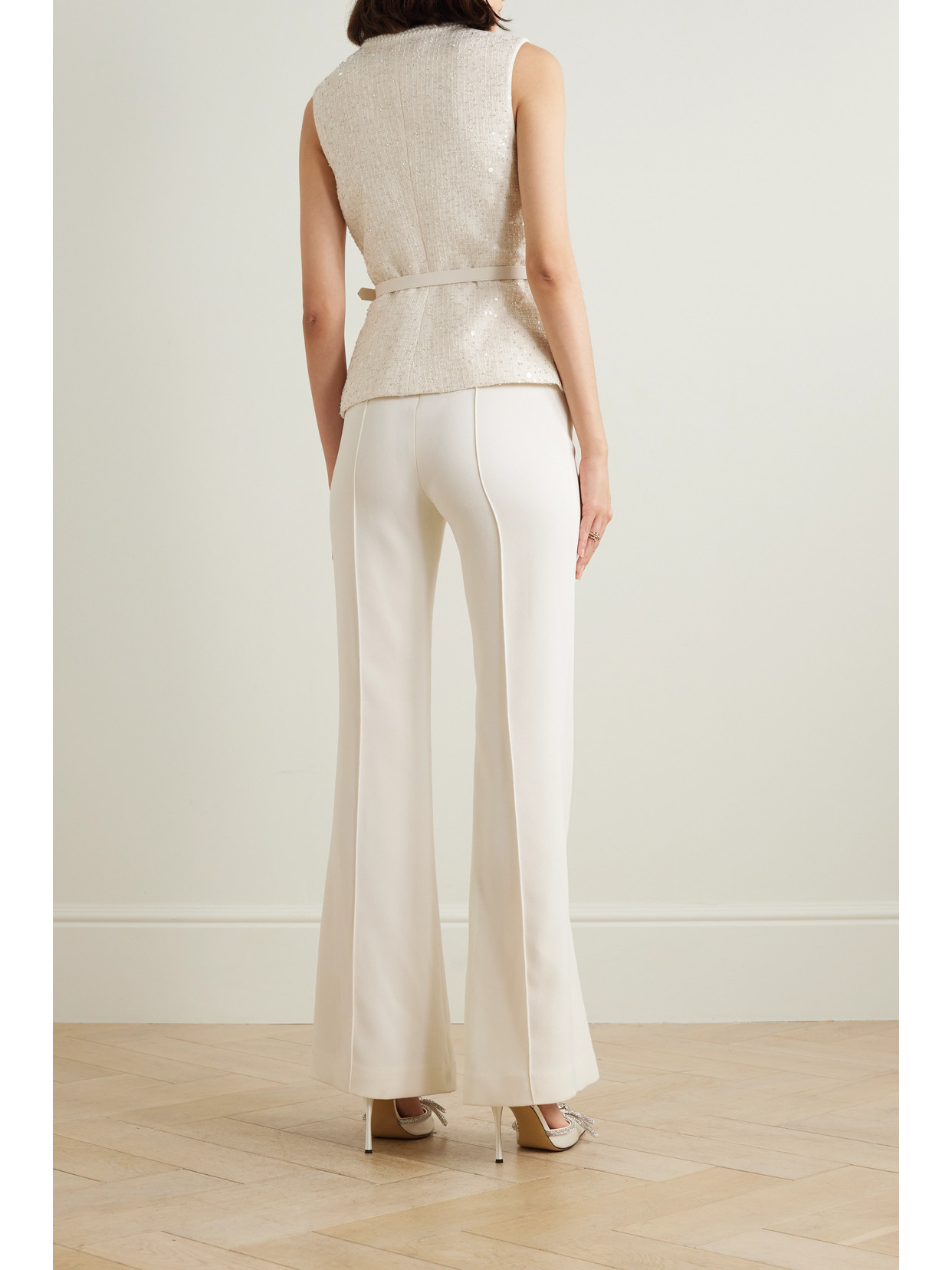 Shop Self-portrait Convertible Belted Embellished Metallic Bouclé-tweed And Crepe Jumpsuit In Cream