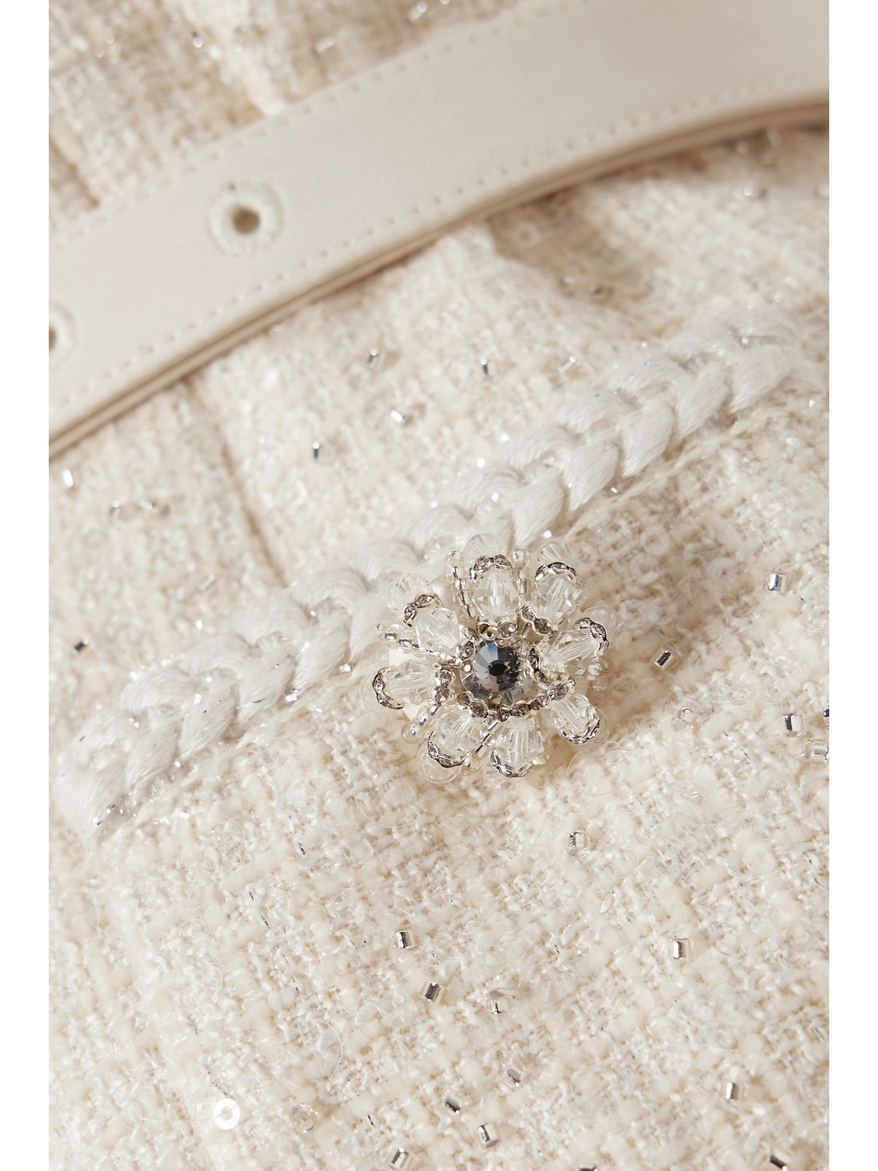 Self-portrait Convertible Belted Embellished Metallic Bouclé-tweed And Crepe Jumpsuit In Cream